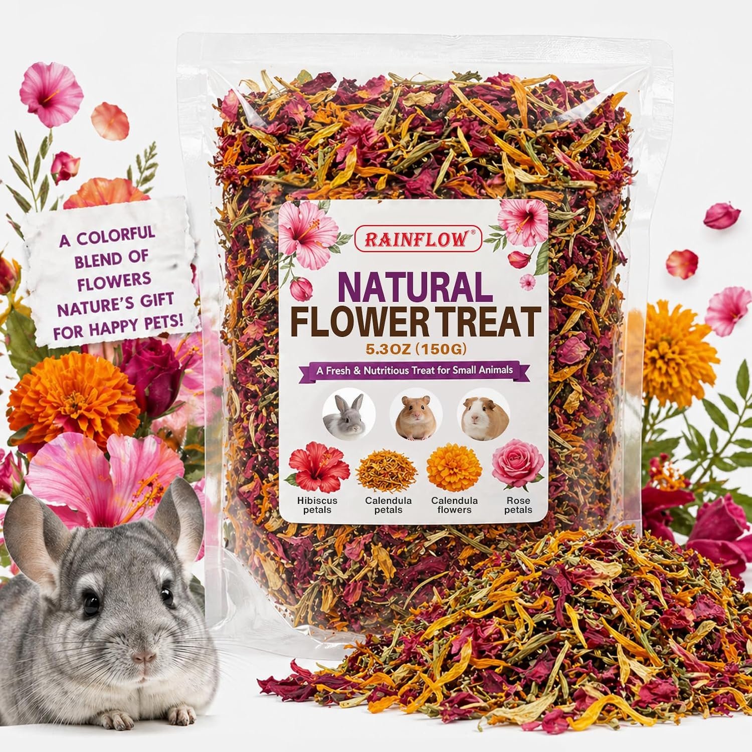 RAINFLOW 5.3oz Natural Small Animal Treats – Hibiscus, Calendula & Rose Mix
