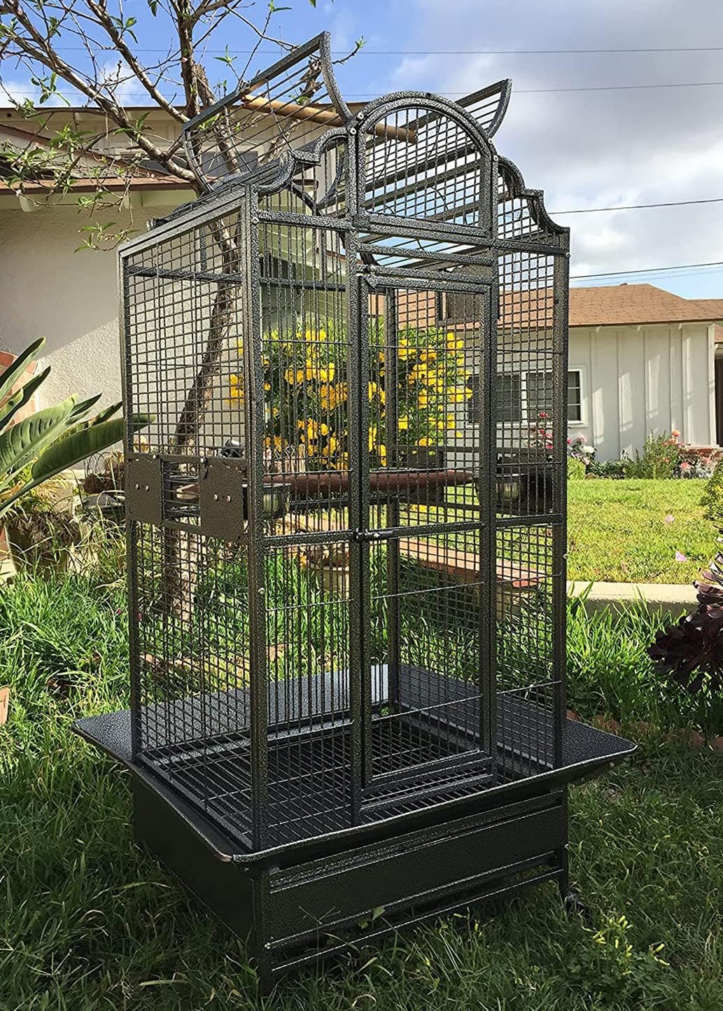 Large Elegance and Durable Wrought Iron Open Play Top Stand Bird Parrot Rolling Cage, Include Metal Seed Guard Solid Metal Feeder Nest Door
