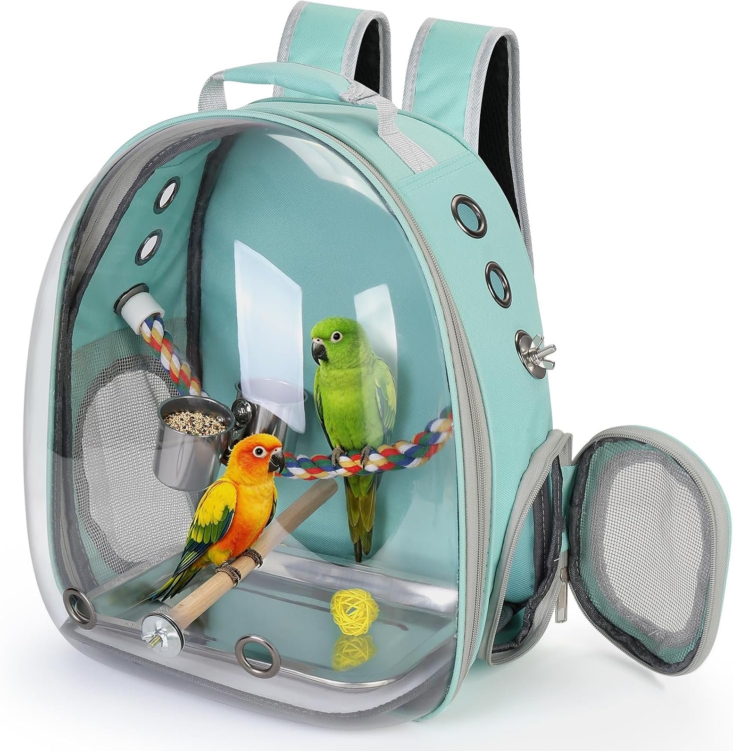 Bird Travel Carrier, Bird Backpack Cage with Rope & Wood Perches Tray Food Bowl, Portable Clear Bubble Window Breathable Mesh Bag for Small Medium Parrots Cockatiel Parakeet Budgies Conures Lovebirds