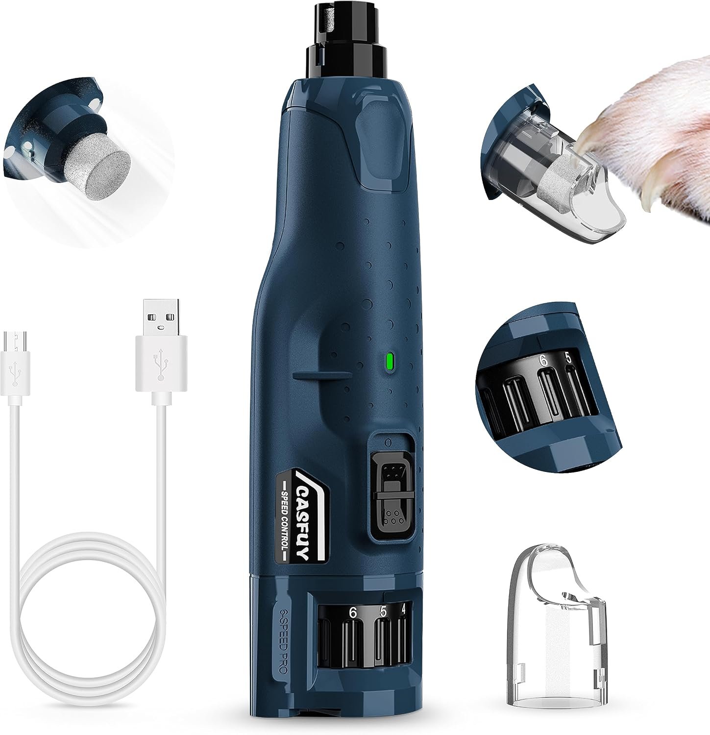 Casfuy Dog Nail Grinder Quiet – (45db) 6-Speed Pet Nail Grinder with 2 LED Lights for Large Medium Small Puppy Dogs/Cats, Professional 3 Ports Rechargeable Electric Dog Nail Trimmer with Dust Cap