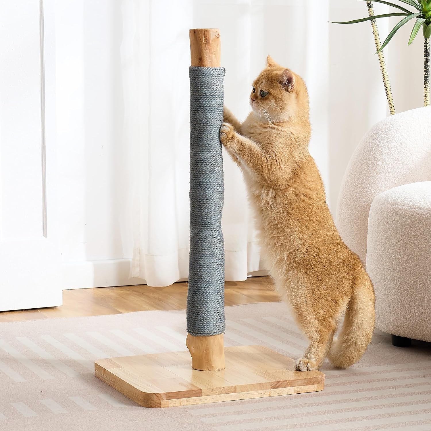 29″ Tall Solid Wood Cat Scratching Post for Indoor Cats, Extra Stable Heavy Base, Natural Sisal Scratcher with Hanging Ball, Furniture Protector for Kittens & Adult Cats, Grey