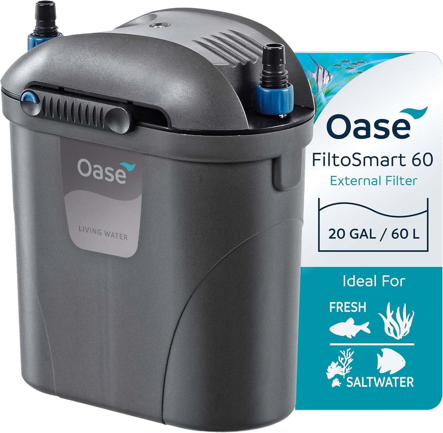 Oase FiltoSmart 60 Canister Filter for Aquariums – Quiet, Compact External Filter with Multi-Stage Filtration, No-Mess Maintenance, For Small Freshwater & Saltwater Tanks Up to 20 Gallons