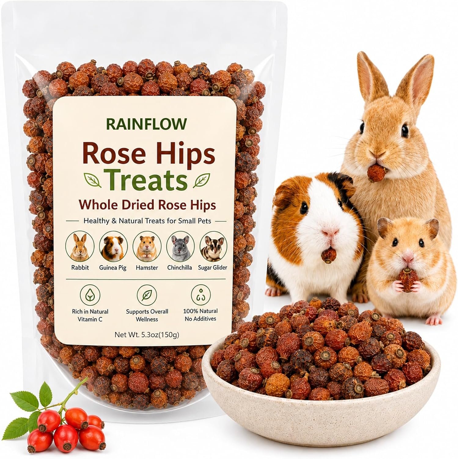RAINFLOW Dried Rose Hips 5.3 oz, Crunchy Chinchilla Treats for Small Pets
