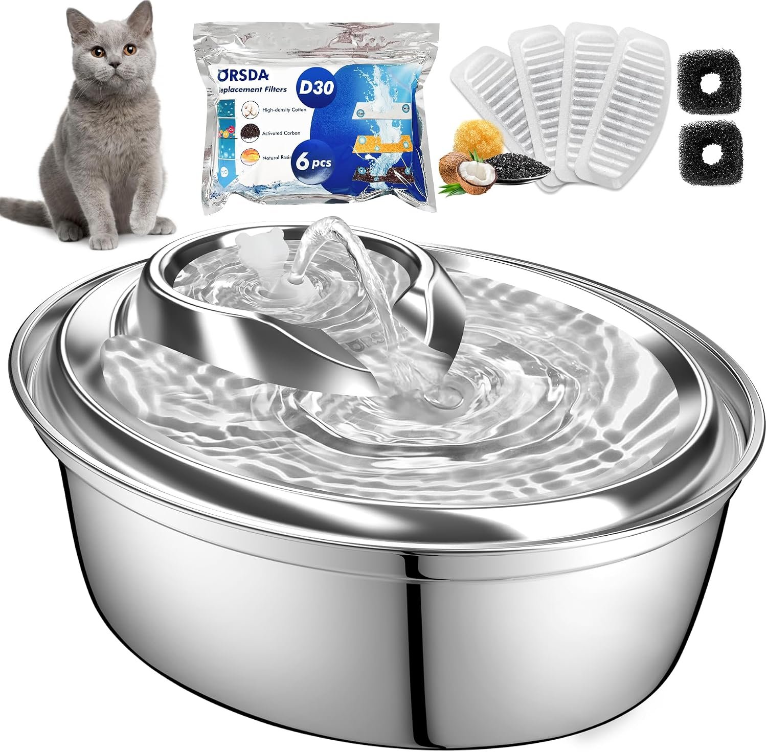 ORSDA Cat Water Fountain Stainless Steel, D30/2L Pet Fountain for Cats Inside, Dog Water Dispenser, Automatic Cat Drinking Fountains with 6 Replacement Filters for Cats, Small Dogs