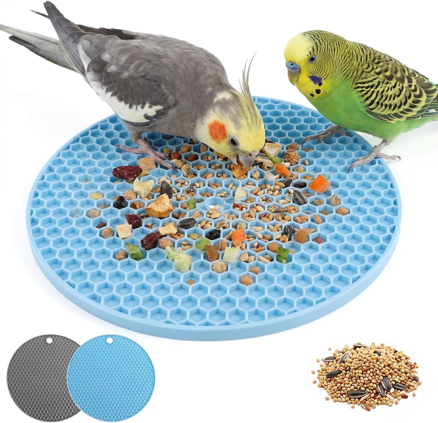 2 PCS Bird Foraging Toys, Soft Bird Slow Feeder Mats, Interactive Foraging Mats for Parakeet, Cockatiel, and Small Birds, Birds Enrichment Toys to Increase Feeding Time (Blue & Grey)