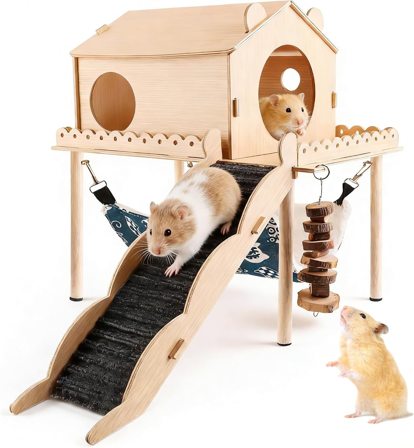Guinea Pig Hideout Wooden Hamster Castle with Stair Hammock House