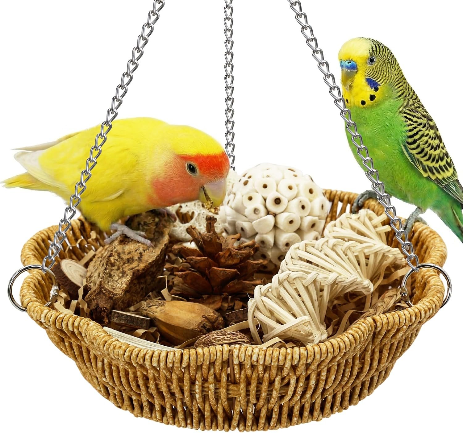 20Pcs Bird Foraging Toy Set with Hanging Basket, Natural Shredding