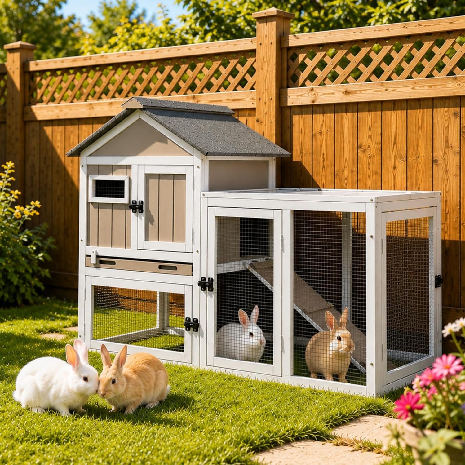 Gowoodhut Outdoor Rabbit Hutch, 2 Story Bunny Hutch with Run and Tray