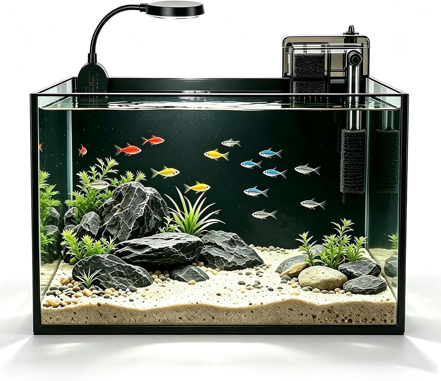 2.8 Gallon Small Glass Fish Tank with Lid, Desktop Nano Aquarium Starter Kit with Clip-on LED Light and Waterfall Filter Pump for Home and Office