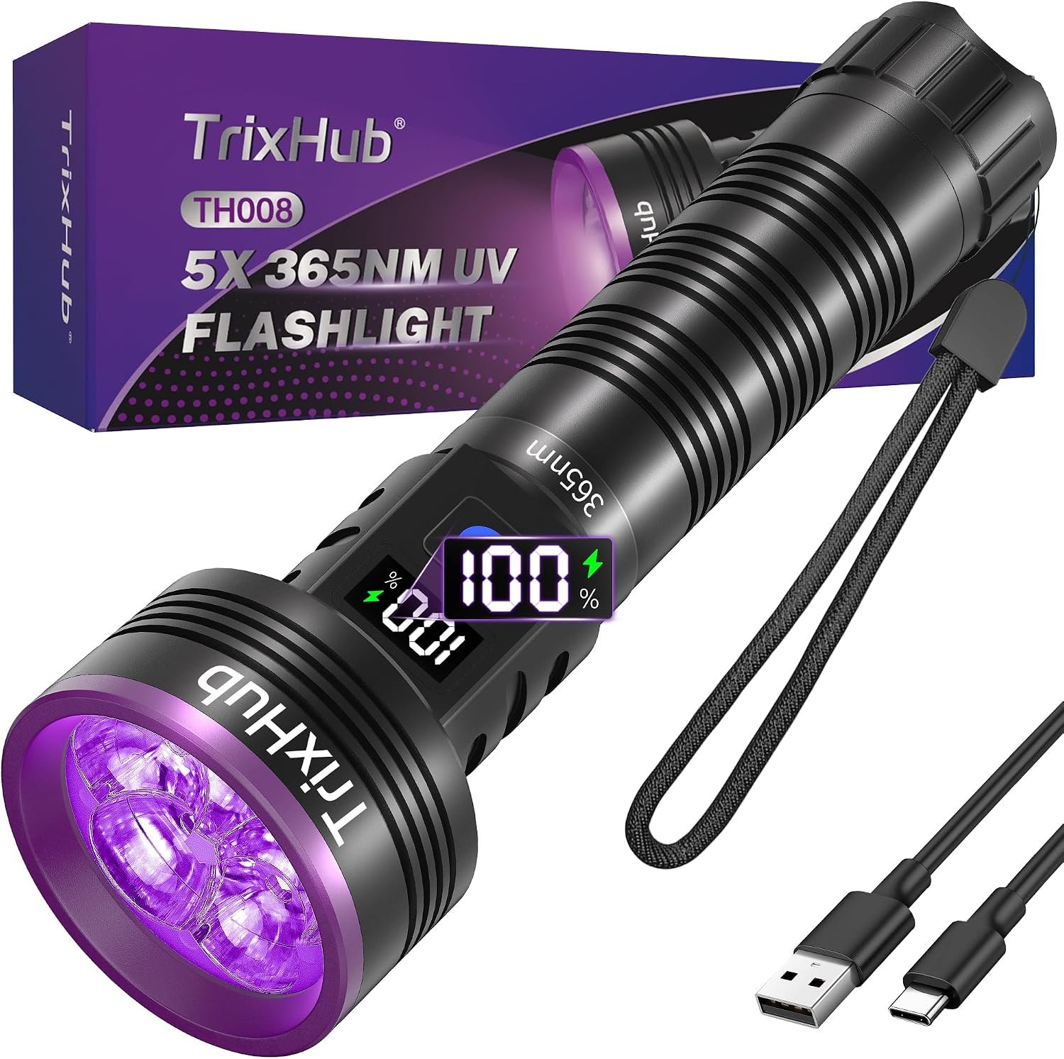 TrixHub 365nm 5xLED Blacklight UV Flashlight Rechargeable Powerful UV Light