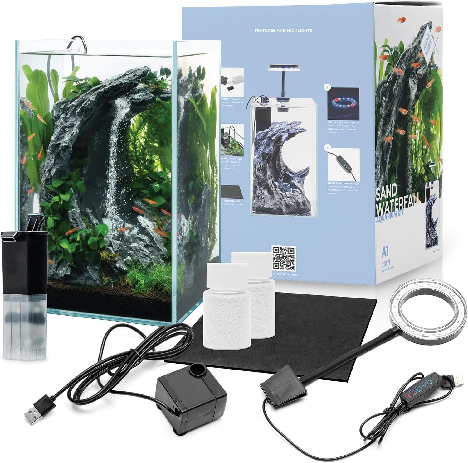Aqua Worx Sand Waterfall Tank Kit – Silent Operation Falling Sand Fish Tank w/LED Light and Self Cleaning Filtration – Desktop Rimless Starter Aquarium Kit, Just Add Plants – 3.38GAL | 12.8L (A1)