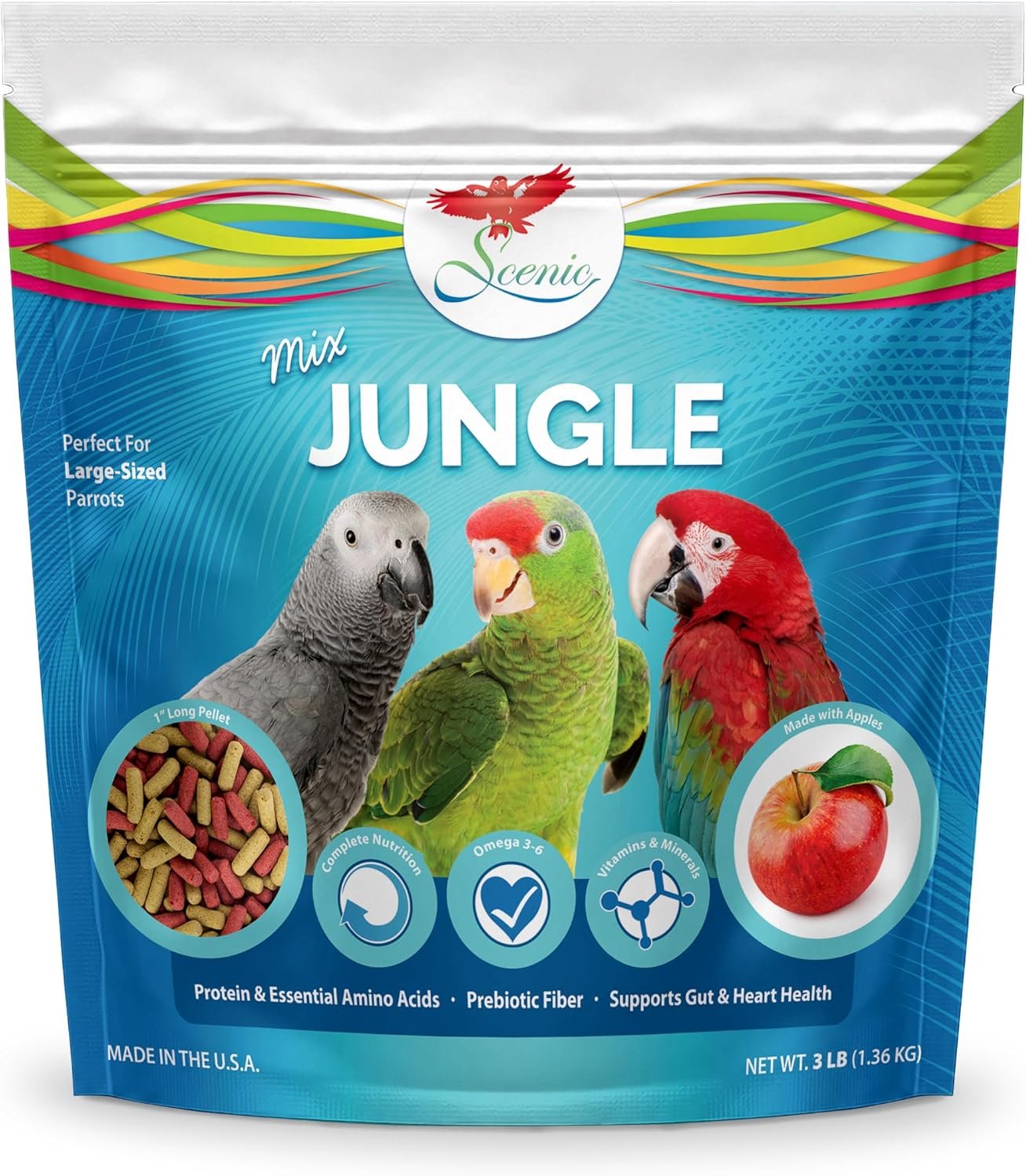 Scenic Mix Jungle Large Parrot Food, 3 lb Bag – 1-Inch Parrot Pellets for Macaws, Cockatoos, Amazons, African Greys & Eclectus – Complete & Balanced Nutrition