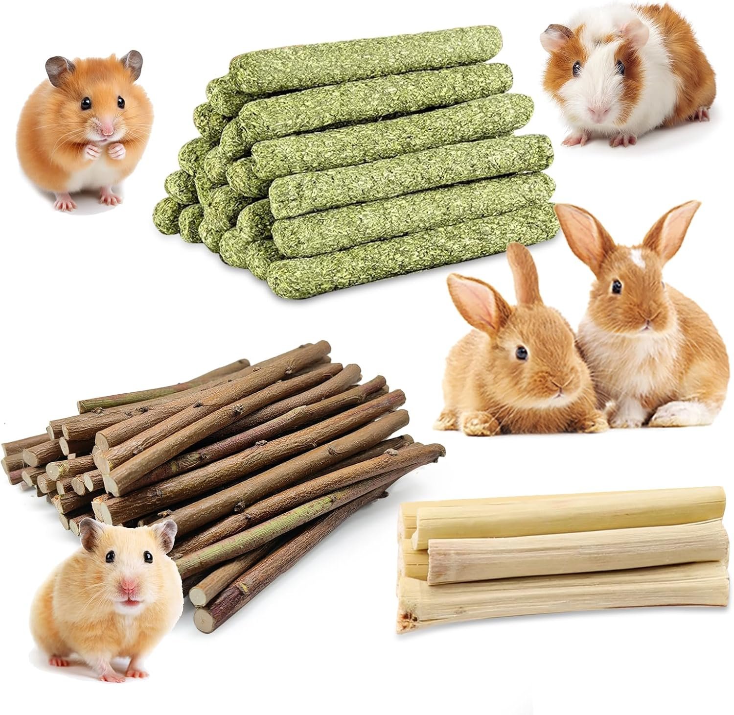 WDEFUN Natural Pet Chew Toys Set – 20 Timothy Hay Sticks 20 Apple Tree Branches 5 Sweet Bamboo, Safe Chewing Toys for Rabbit, Guinea Pig, Hamster, Chinchilla, Gerbil – Teeth Grinding & Boredom Relief