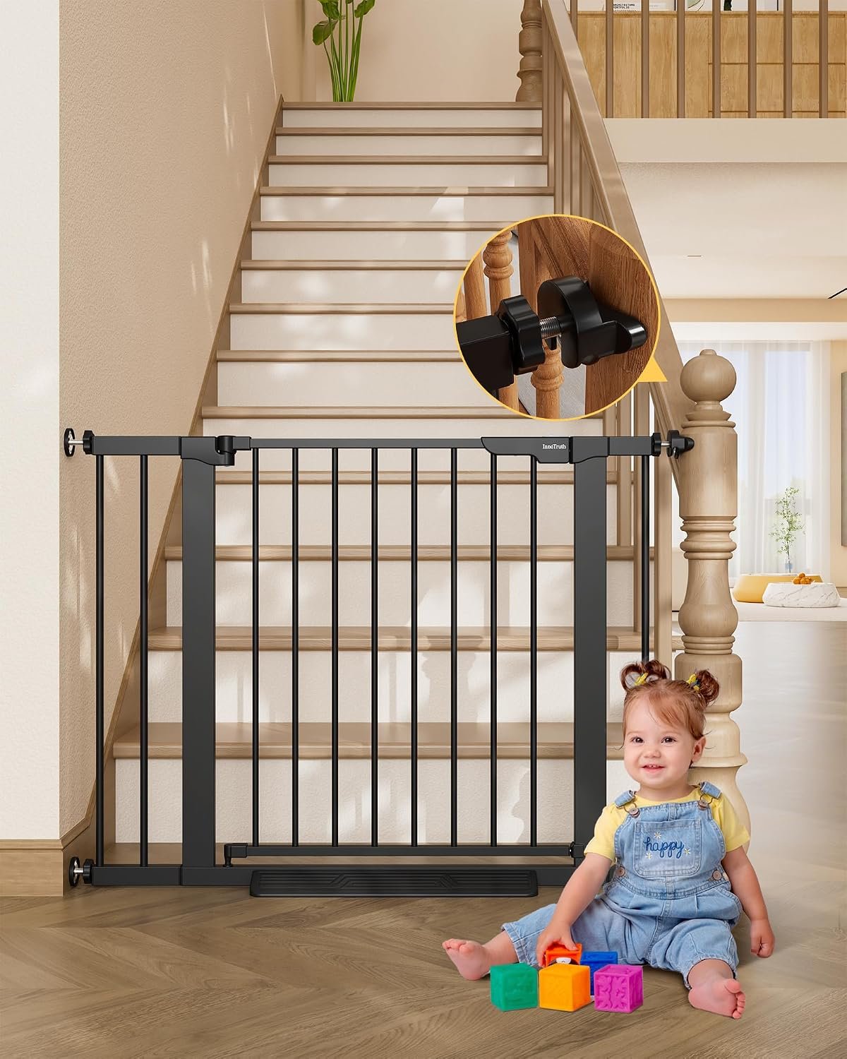 InnoTruth 29.6-39.1 in Wide Baby Gate for Stairs and Doorways, Black