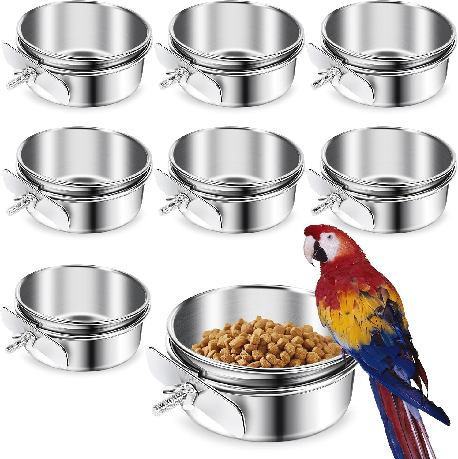 ToLanbbt 8 Pcs Stainless Steel Bird Food Bowls Bird Water Bowls with Clamp Holder, Parrot Feeding Dish Cups Parrot Cage Coop Feeders for Cockatiel Conure Budgie Parakeet Macaw Lovebird Small Animal, S