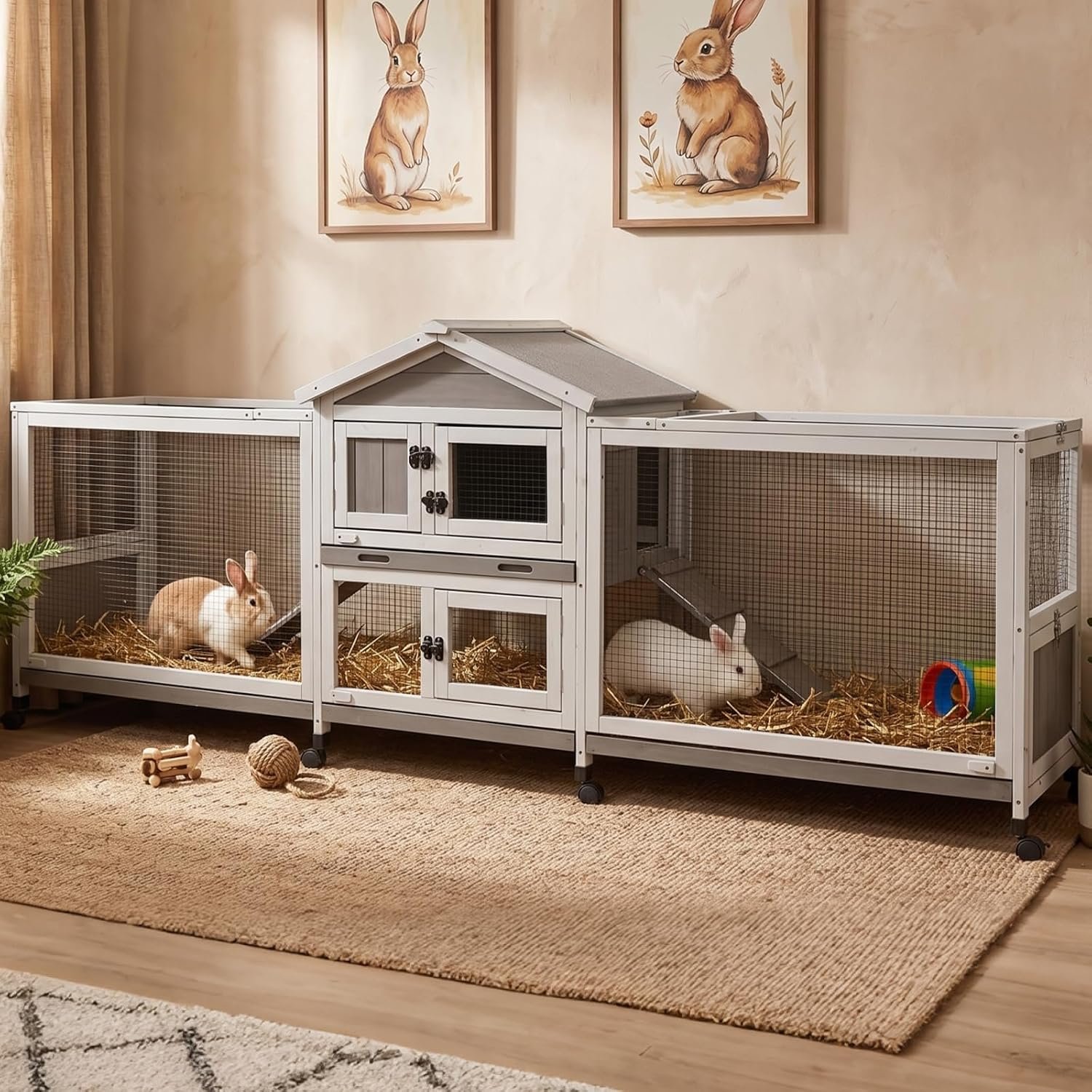 93″ L Extra Large Rabbit Hutch with Run, 2-Story Bunny Cage on 8 Wheels