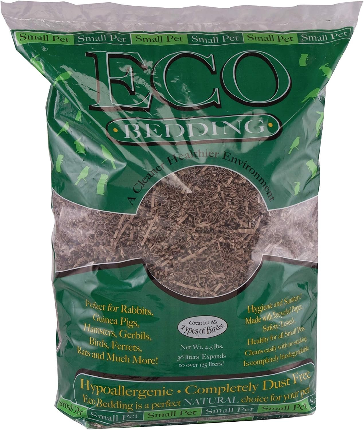 ECO Bedding 99% Dust Free Paper Bedding for Small Pets, Eco Natural Bag, 4.5 lb (Expands to 125 L)