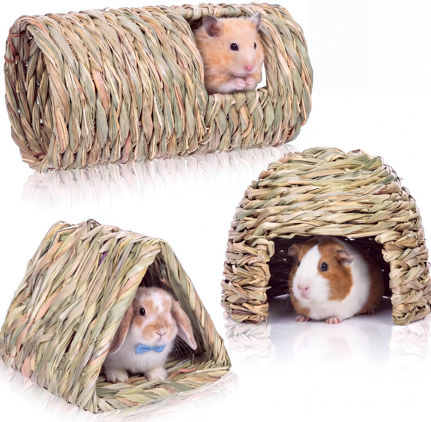 3 Pcs Guinea Pig Natural Grass Tunnel Set – Bunny Hideout House & Explore Tube, Winter Warm Small Animal Hideaway Toys for Syrian Hamsters Rats Chinchillas
