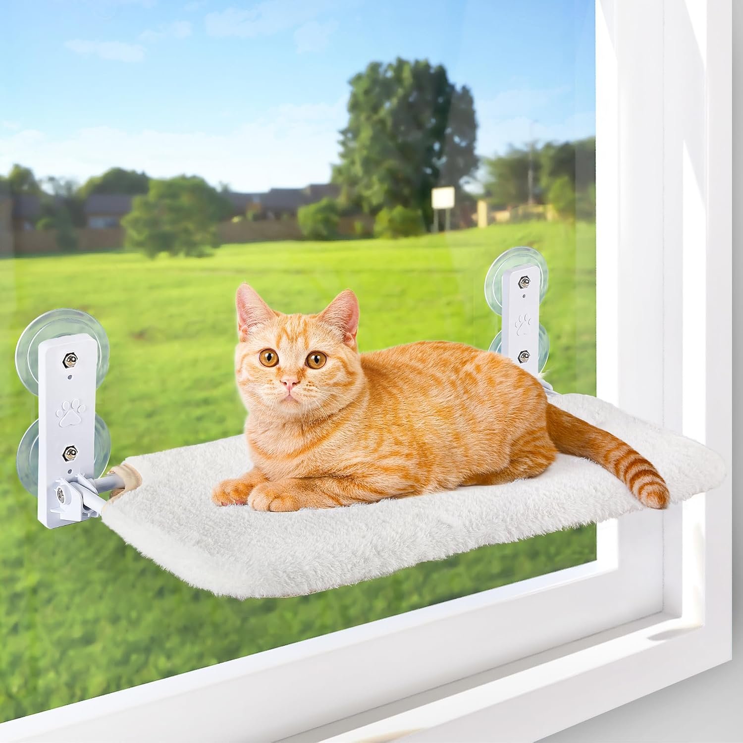 AMOSIJOY Foldable Cat Window Perch with Metal Frame, M White