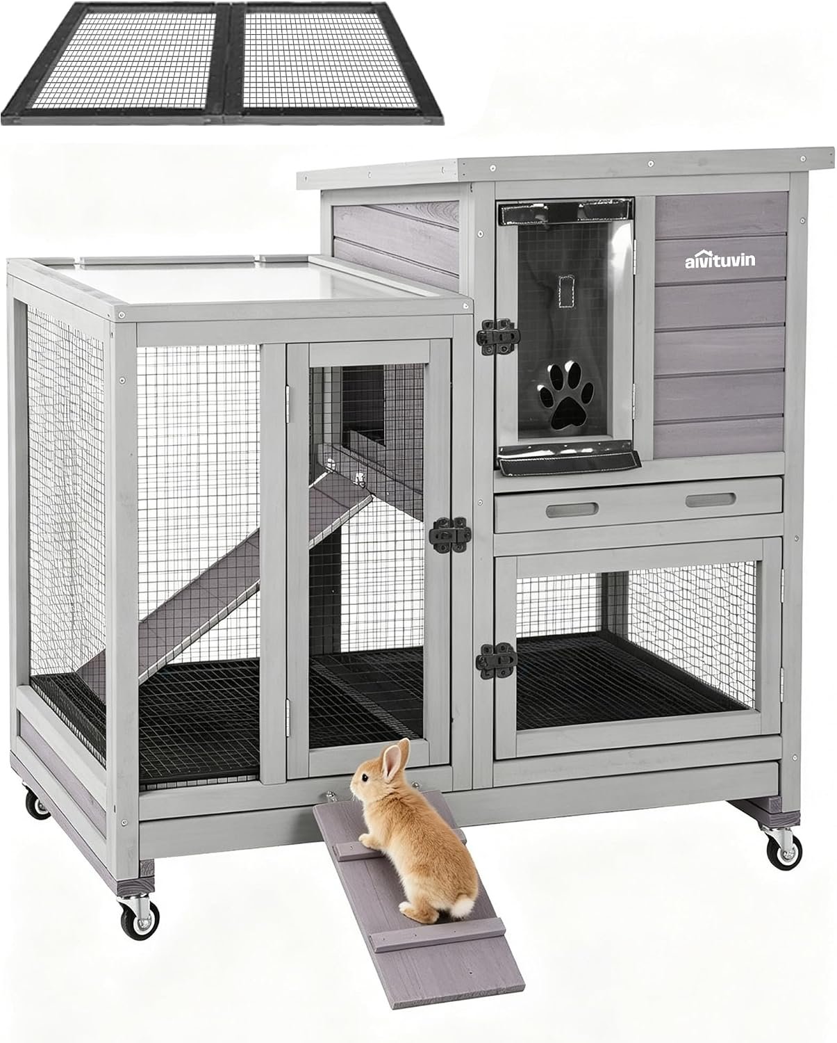 Aivituvin Rabbit Hutch, Indoor Bunny Cage with Run Outdoor Rabbit House with Two Deeper No Leak Trays – 4 Casters Include (Grey)