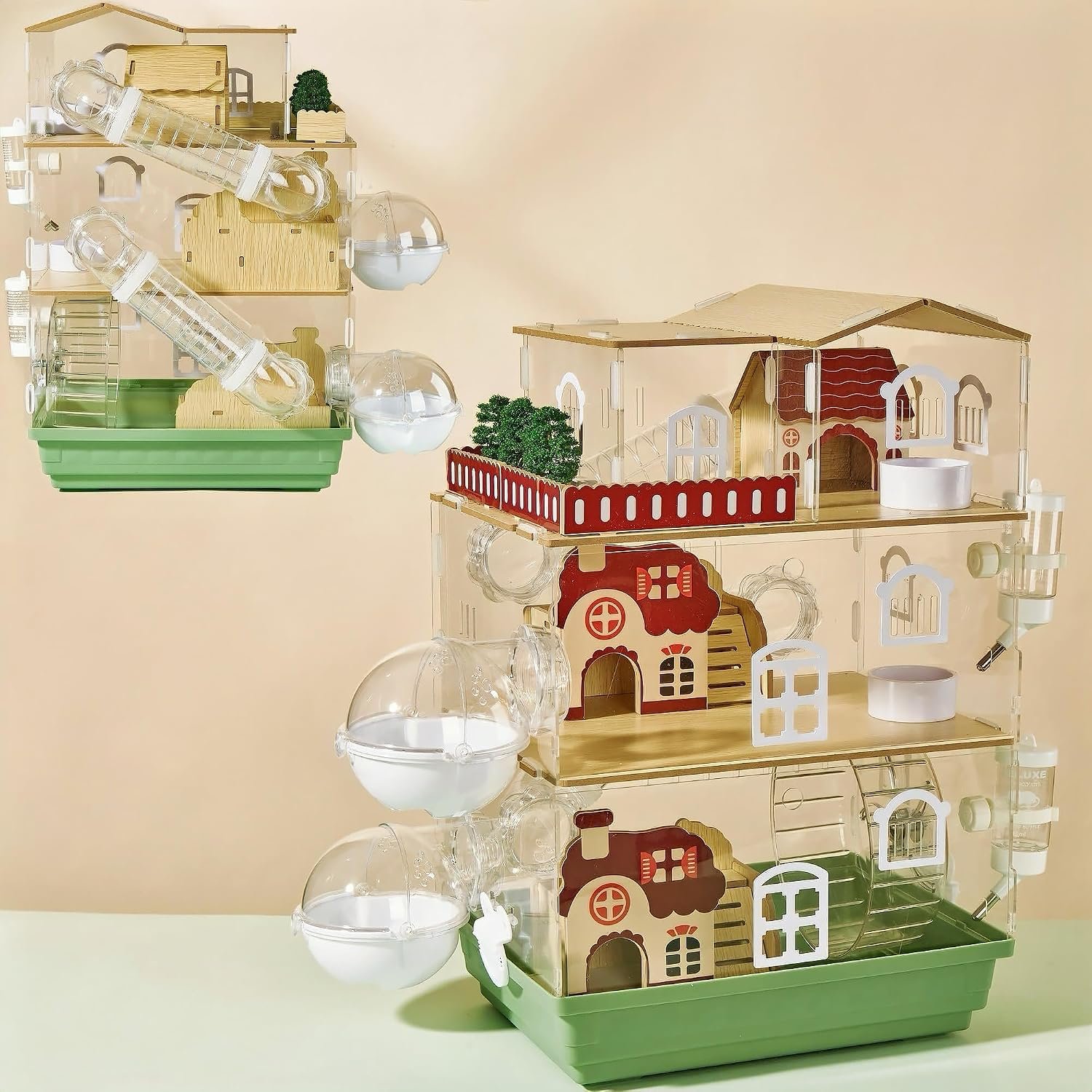 17 in 1 Clear Acrylic Hamster Cage with All Accessories,13.5”L* 10”W* 21”H Dwarf Hamster Cage,Magnetic Connection Small Hamster Enclosure,Garden Style Wooden Pet Mouse Cage for Pet Mice(3-Layer)