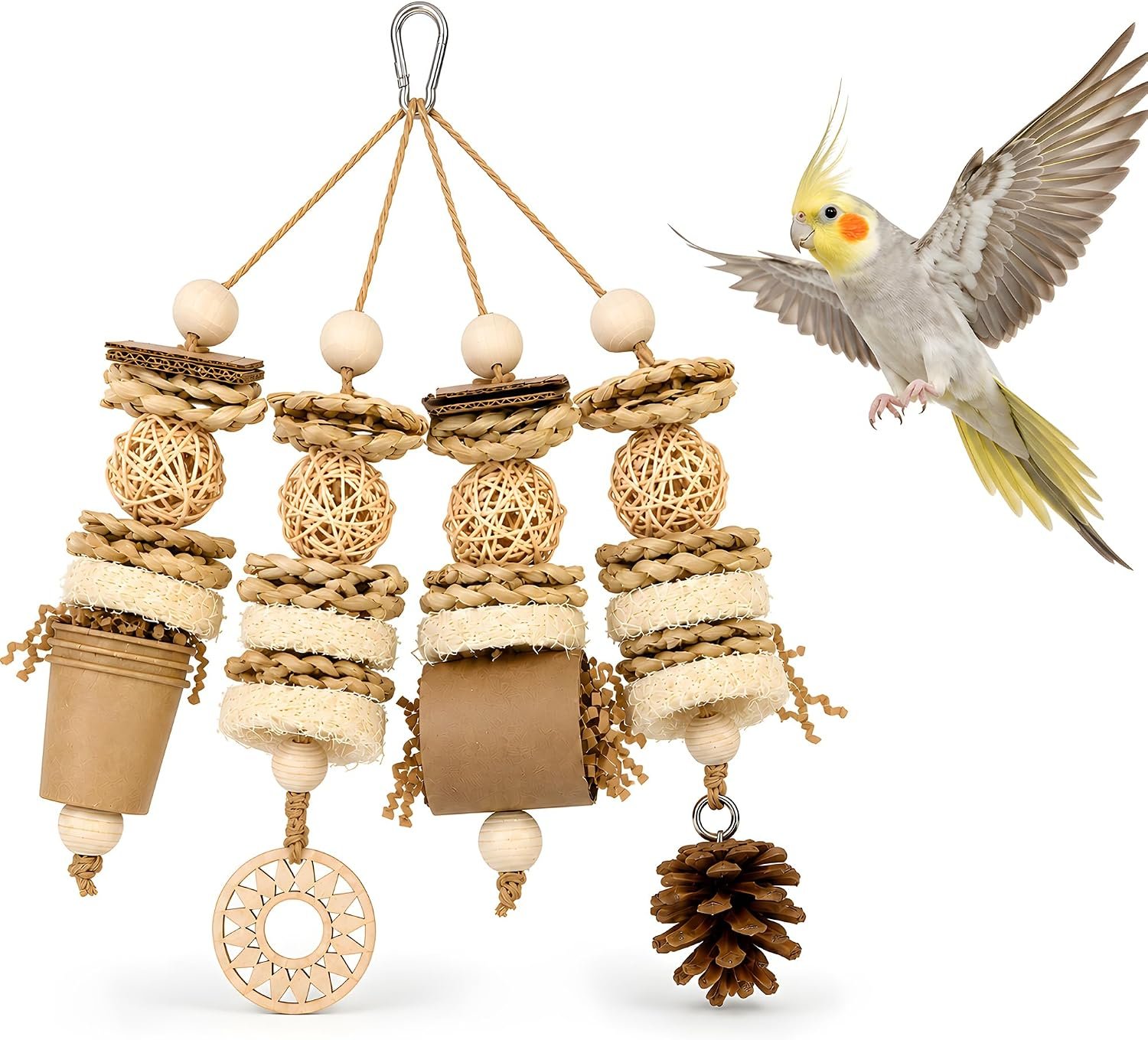 Parakeet Foraging Toy with Loofah & Pine Cone, Bird Chew Toy