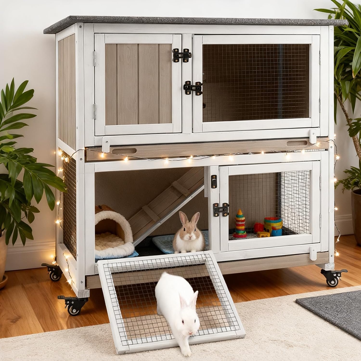 Gowoodhut 36″ L Rabbit Hutch, 2-Story Bunny Cage on 4 Wheels