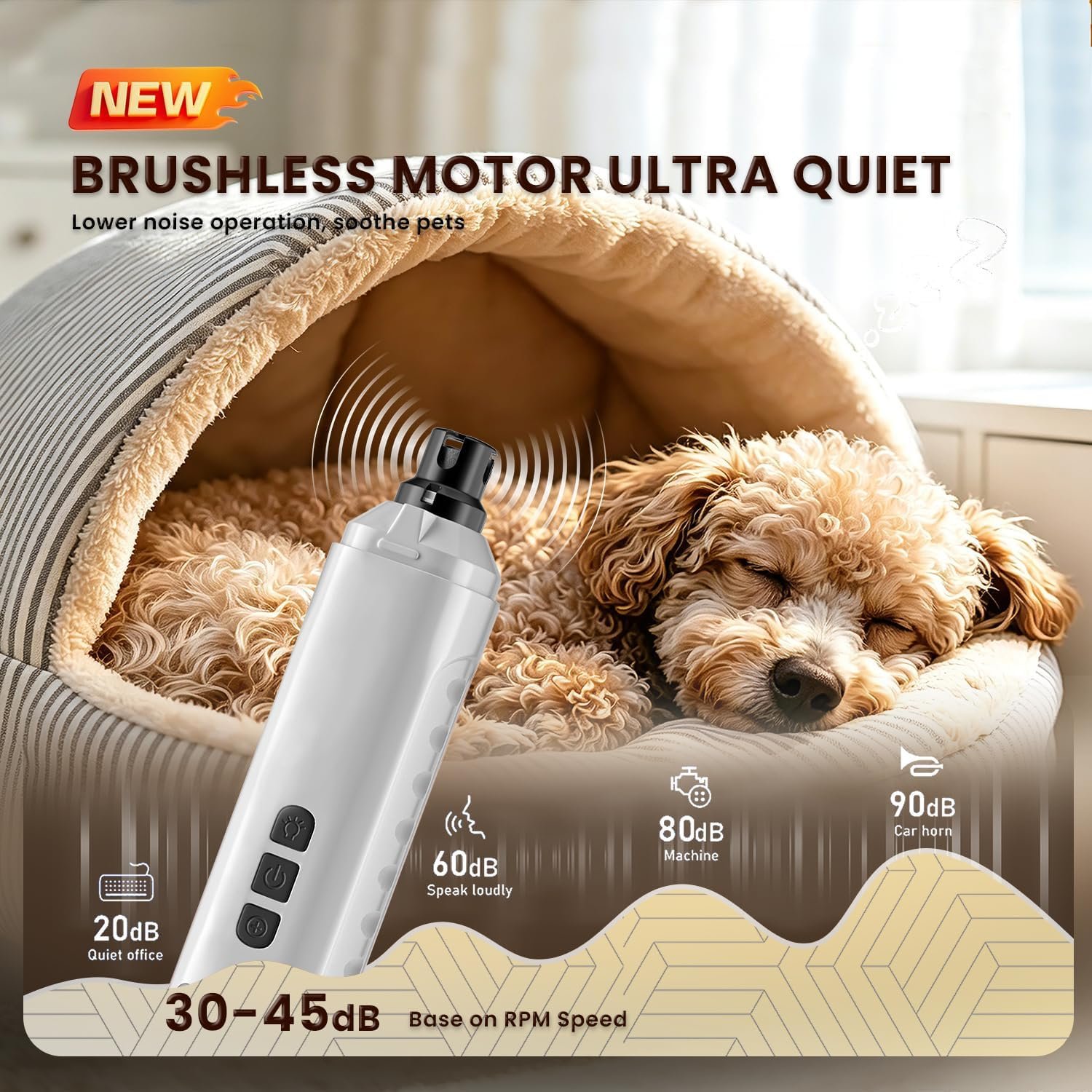 6-Speed Dog Nail Grinder with Led Light, 30 db Ultra Quiet Brushless Motor