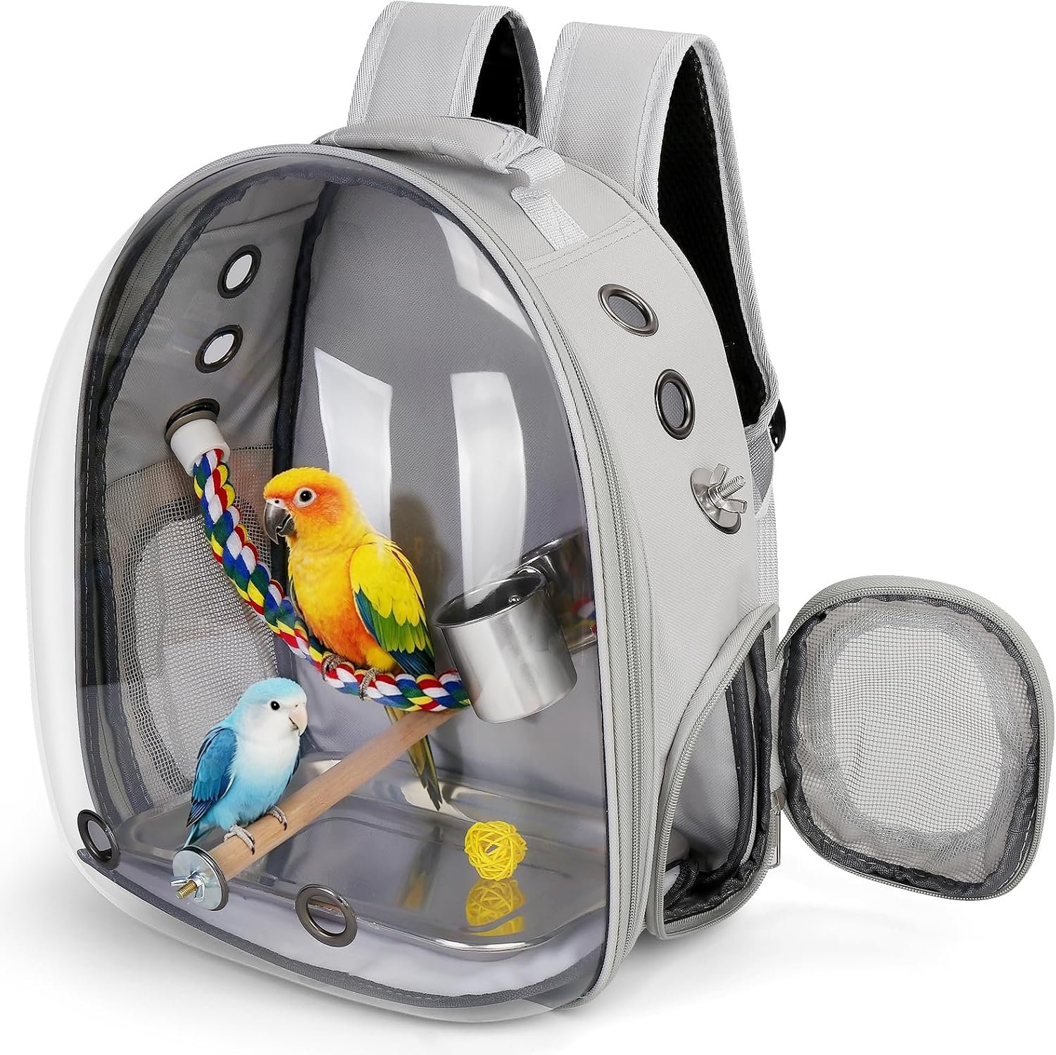 Bird Travel Carrier, Bird Backpack Cage with Rope & Wood Perches Tray Food Bowl, Portable Clear Bubble Window Breathable Mesh Bag for Small Medium Parrots Cockatiel Parakeet Budgies Conures Lovebirds