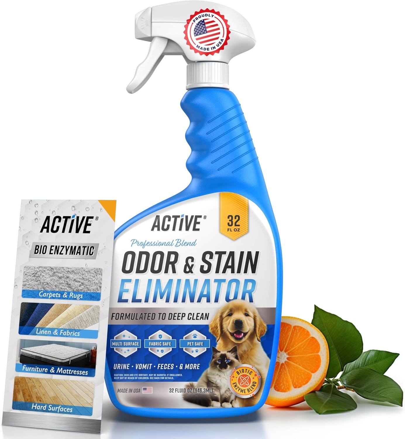 Pet Odor and Stain Eliminator – 32 oz ACTIVE Enzyme Cleaner for Dog & Cat Urine, Stain Remover Spray for Carpet, Upholstery, Hardwood, Spot Cleaning, Deodorizer for Dogs Cats Pets – Natural Citrus Oil