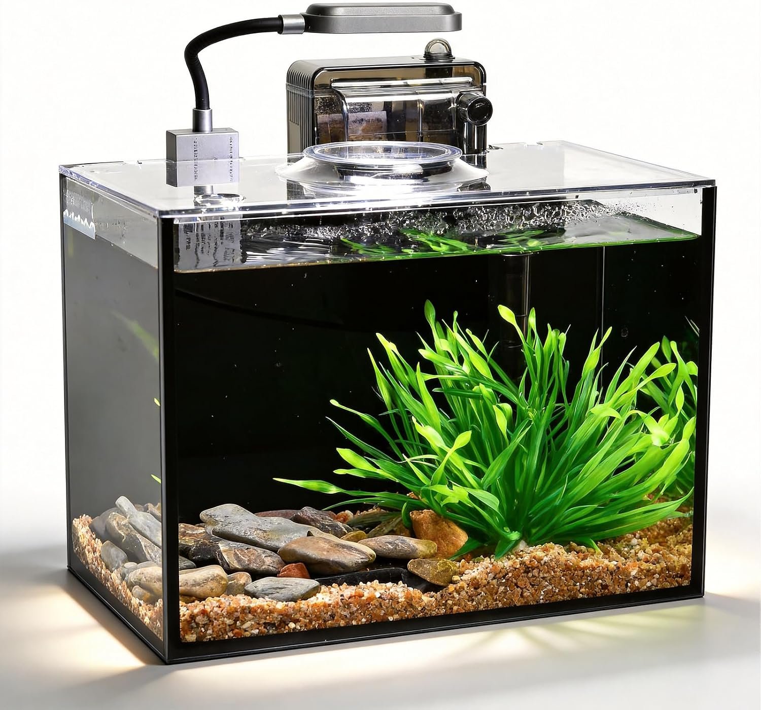 2 Gallon Aquarium Starter Kits, Desktop Fish Tank with Light, Waterfall Filter Pump, Plants, Gravel, Rock and Lid, Perfect for Keep Small Fish, Shrimp, or Betta