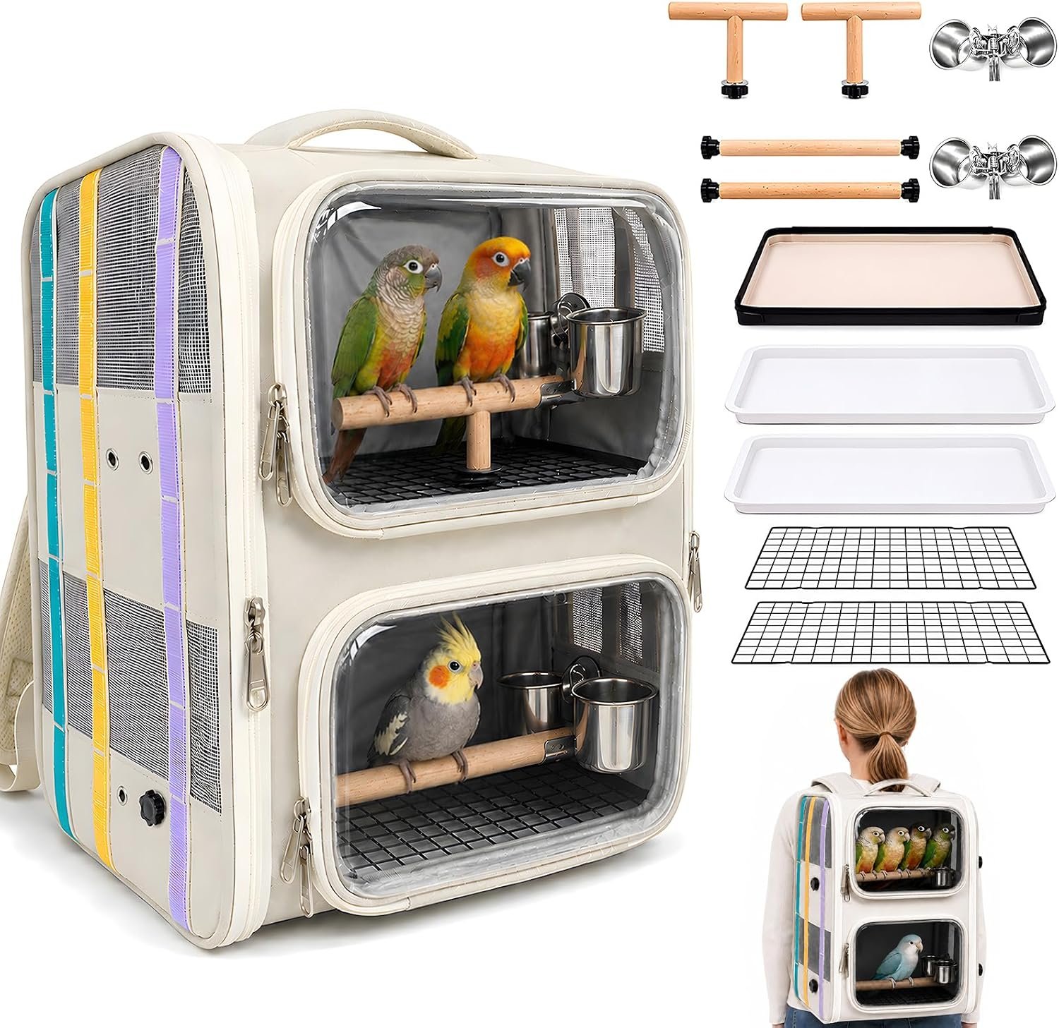 Dual-Level Bird Backpack, Portable Parrot Travel Cage with Removable Divider for 2-4 Small to Medium Birds or 1 Larger Bird,Parrot Bag Carrier with Perch Rods, Feeding Bowls and Trays (Beige)