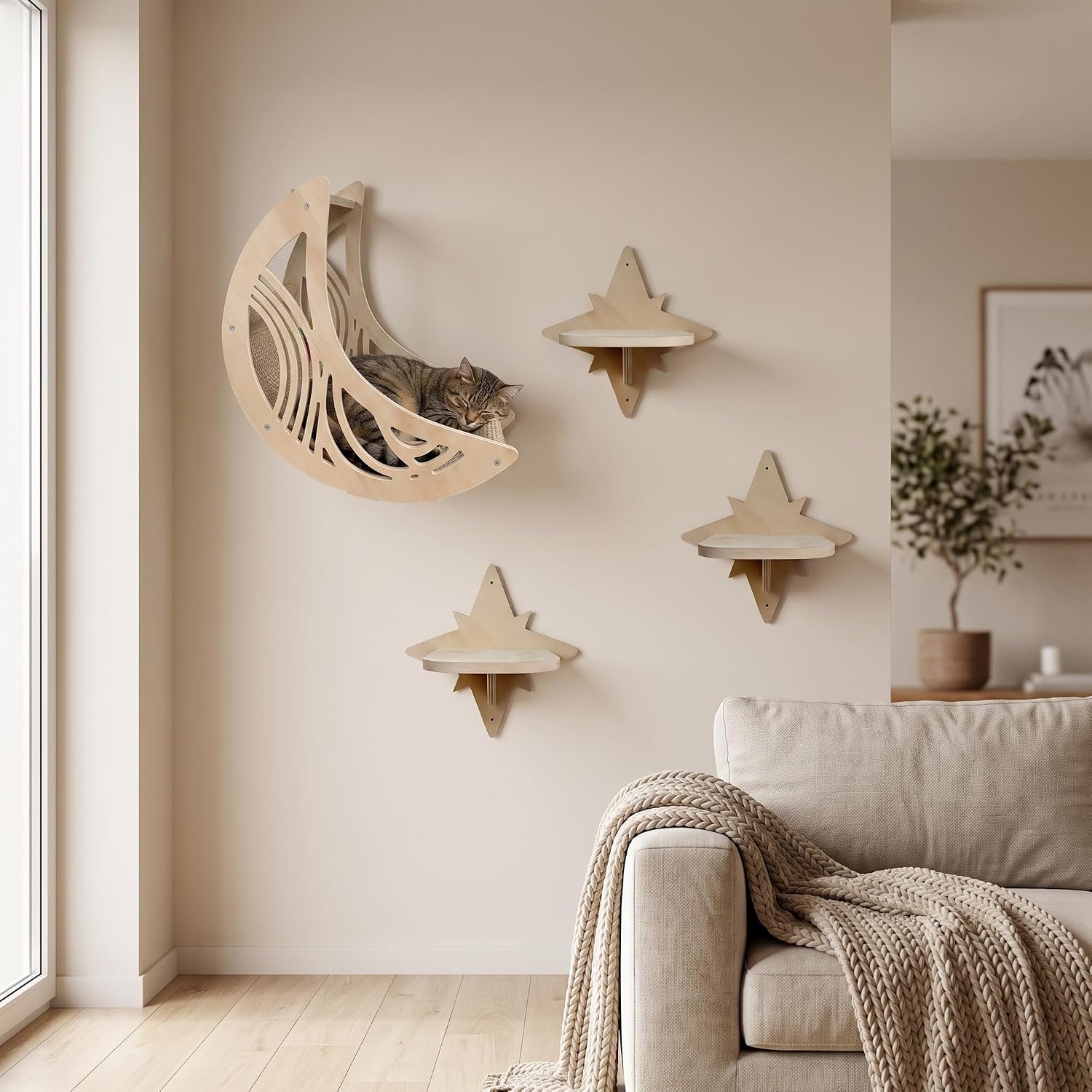 Cat Wall Shelves Set – Modern Wooden Cats Furniture with Moon Hammock & Star Steps, Space-Saving Cat Climbing Wall Systems for Indoor Cats