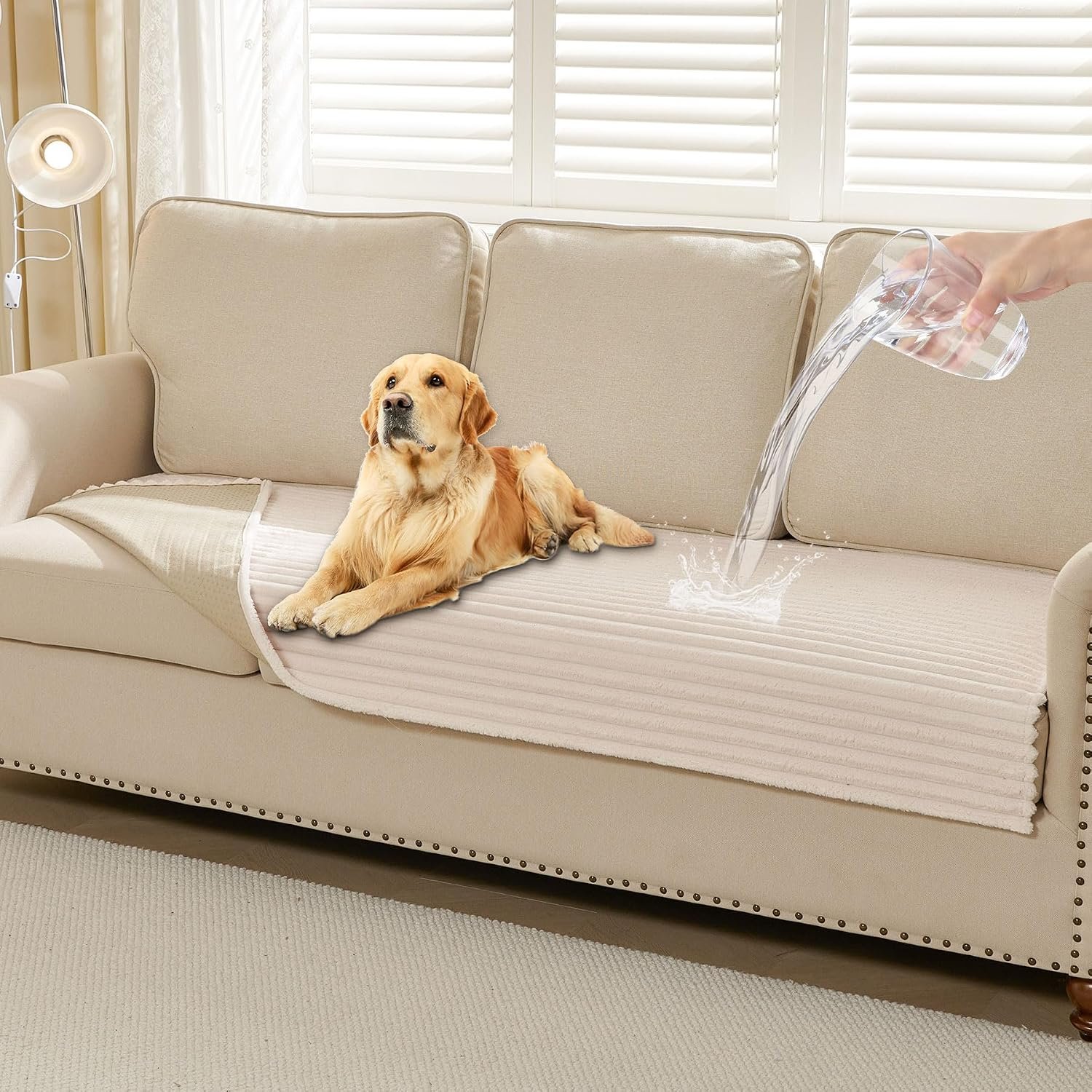 HAOMAIJIA Waterproof Couch Cover for Dogs Washable,Faux Fur Pet Couch Covers for Sofa,Soft Dog Bed Cover Non-Slip Couch Covers for 3 Cushion Couch Sofa Pet Friendly (Off White, 35″ x 74″)