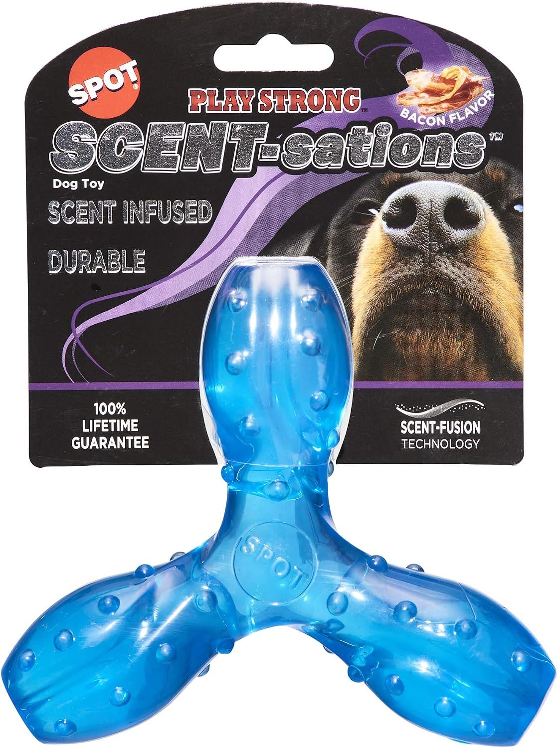 SPOT Play Strong Scent-sations Trident – Scent-Infused, Strong, Durable TPR Rubber, Heavy Duty Dog Toys for Aggressive Chewers up to 45lbs, Perfect for Puppies & Medium Breeds, 6in, Bacon Flavored