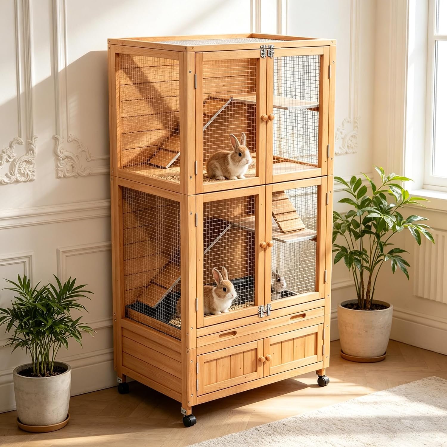 Wooden Rabbit Cage Indoor Outdoor, 2-Story Rabbit Hutch Bunny House with Chew-Proof Ramp, Leak-Proof Trays,Storage Cabinet & Wheels for Small Rabbits, Quails,Turtles(Wood2)
