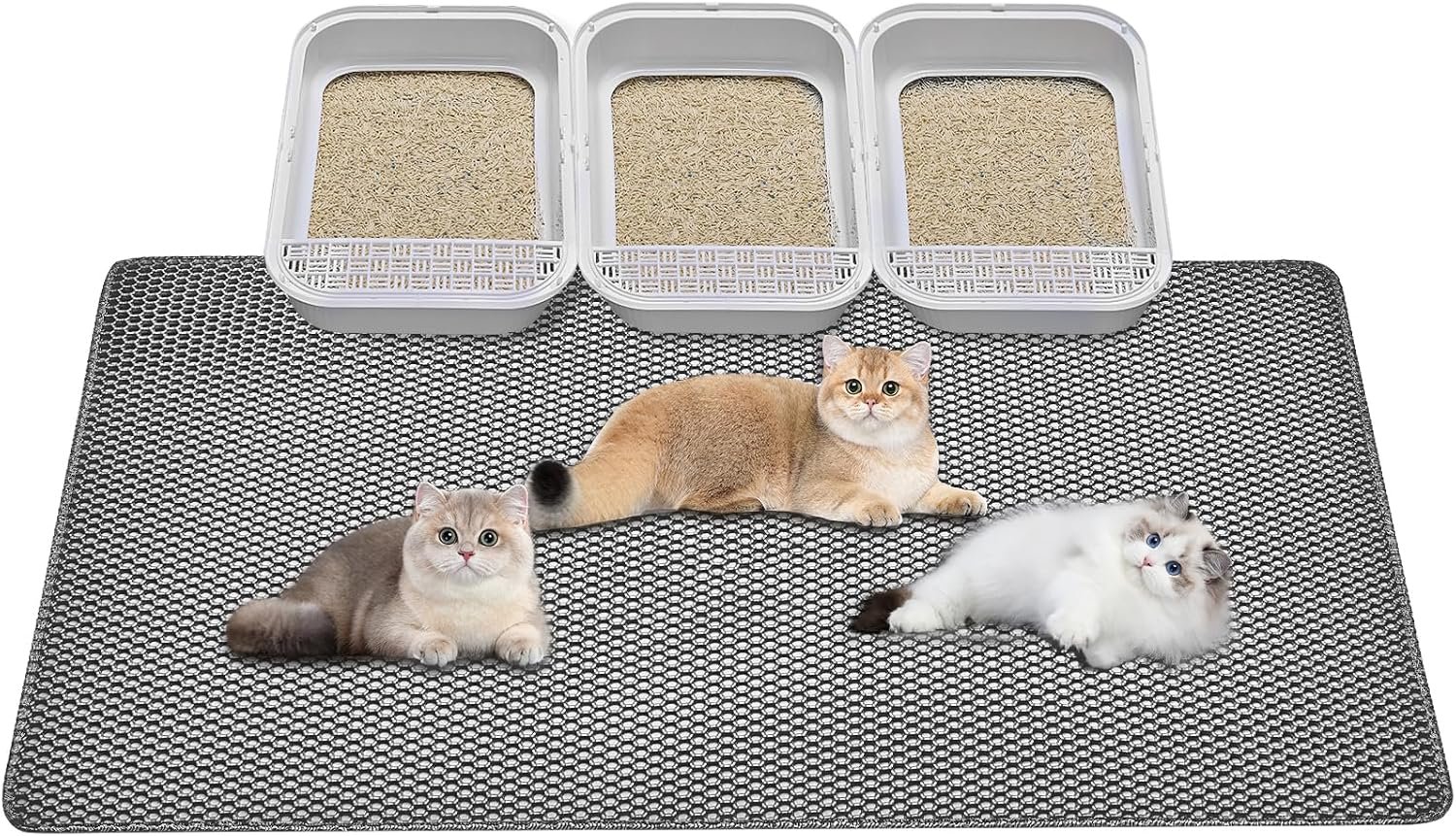 Cat Litter Mat – Extra Large Cat Litter Mat Litter Trapping Mat 46″x26″-Honeycomb Double Layer Design,Urine and Water Proof Material,No Slip& No Phthalate,Washable Easy Clean（Grey）