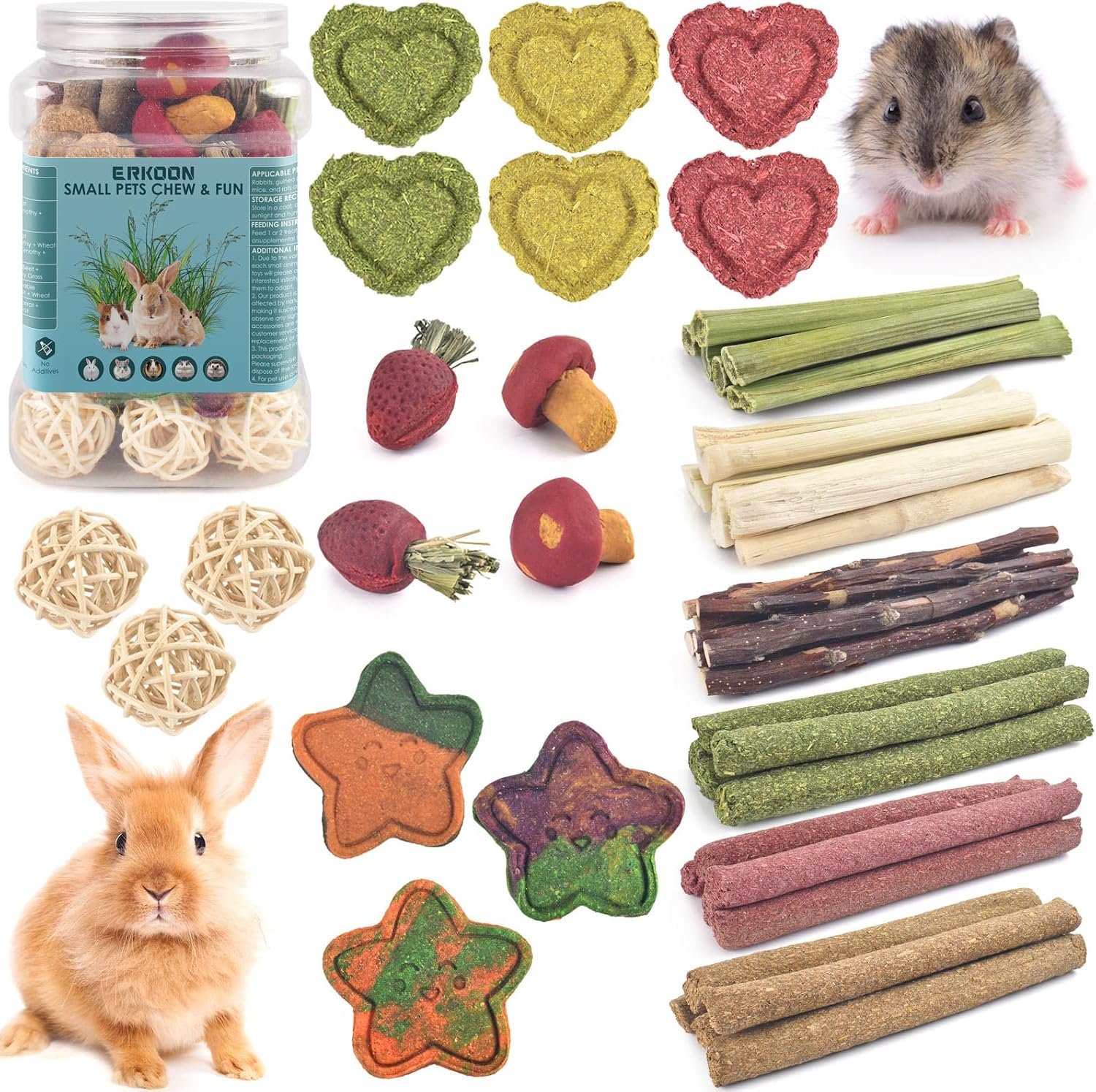 ERKOON 53 Bunny Chew Toys for Rabbits Teeth, Natural Rabbit Toys Apple Wood Sticks, Carrot, Timothy Grass for Small Pets, Hamster, Chinchilla, Guinea Pig Dental Care and Treat Teething(53)