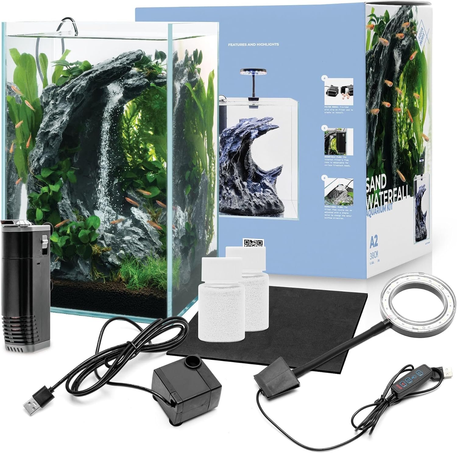Aqua Worx Sand Waterfall Tank Kit – Silent Operation Falling Sand Fish Tank w/LED Light and Self Cleaning Filtration – Desktop Rimless Starter Aquarium Kit, Just Add Plants – 9.51GAL | 36L (A2)