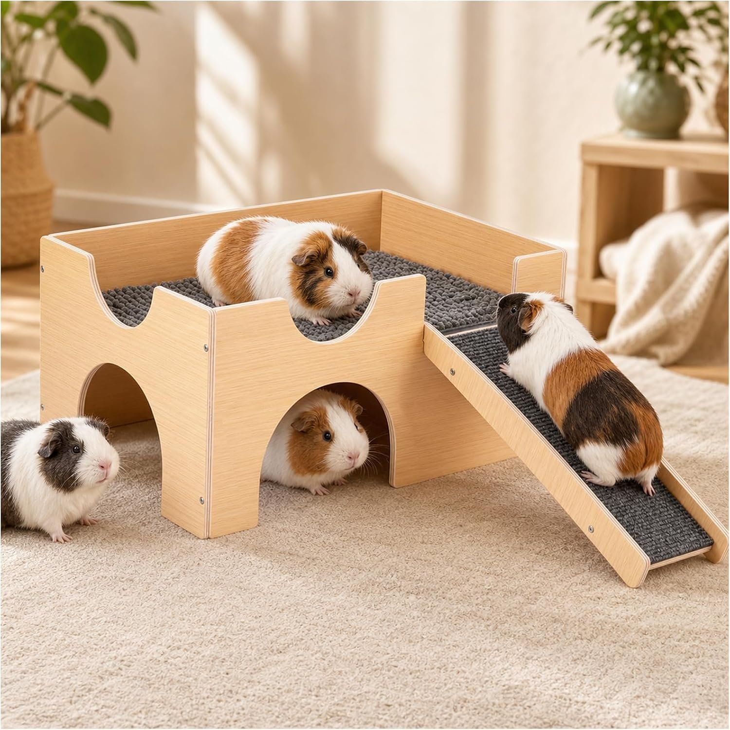 Upgraded Wooden Guinea Pig Hideout with Extra-Wide Entrances, Ramp & Mat
