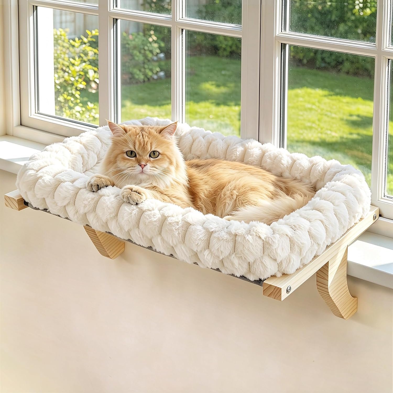 Zoratoo Cloud-Soft Wooden Cat Window Sill Perch with Zipper Cushion,M White