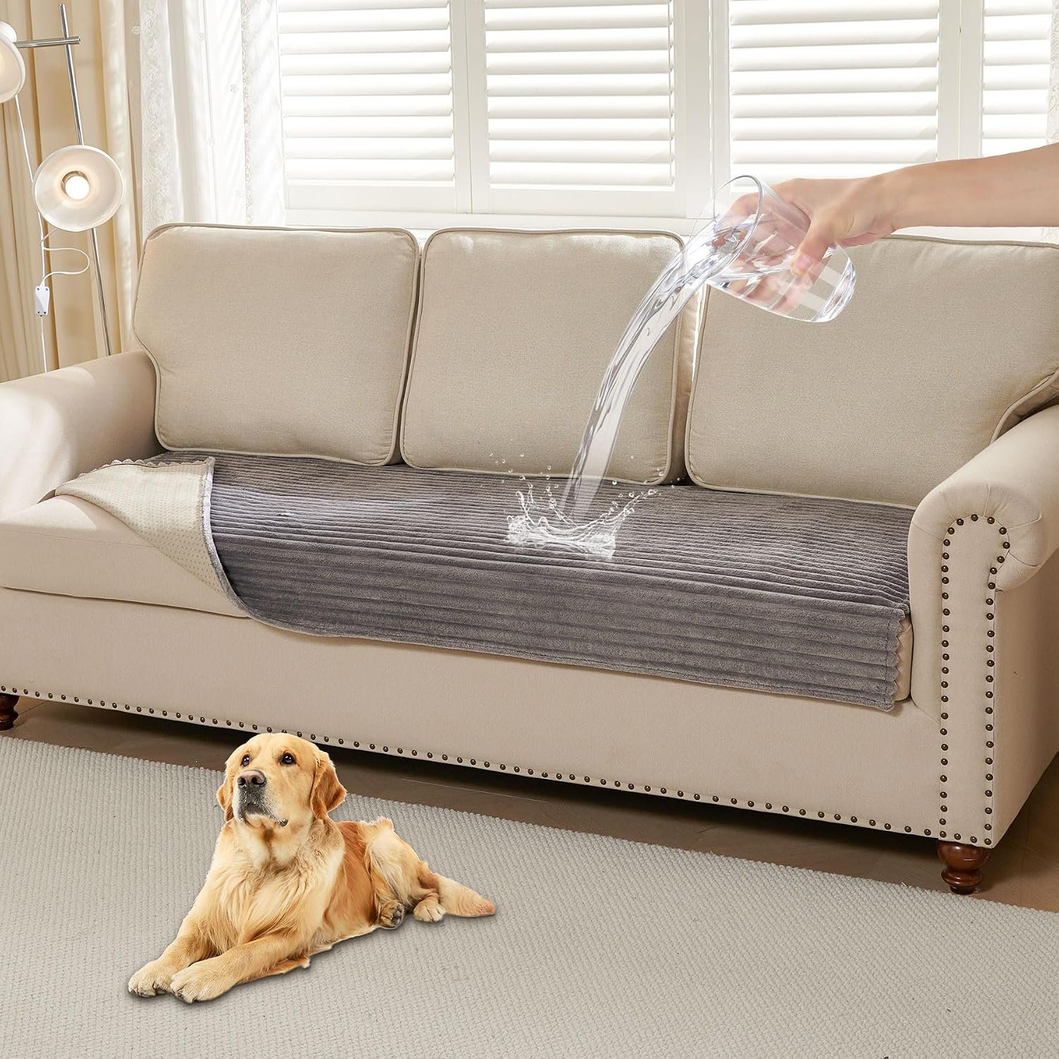 HAOMAIJIA Waterproof Couch Cover for Dogs Washable,Faux Fur Pet Couch Covers for Sofa,Soft Dog Bed Cover Non-Slip Couch Covers for 3 Cushion Couch Sofa Pet Friendly (Grey, 35″ x 95″ 1 Pack)