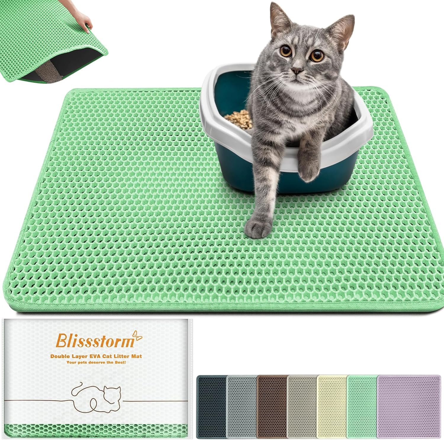 Cat Litter Mat 24″x16″,Double Layer EVA Litterbox Mat Green