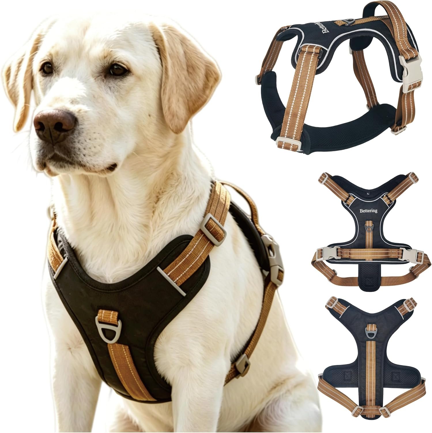 No Pull Reflective Dog Harness, 2 Zinc Alloy D-Rings Escape Proof Vest with Thickened Handle, Breathable 300D Polyester Mesh for Small Medium Large Dogs (Black and Brown, L)