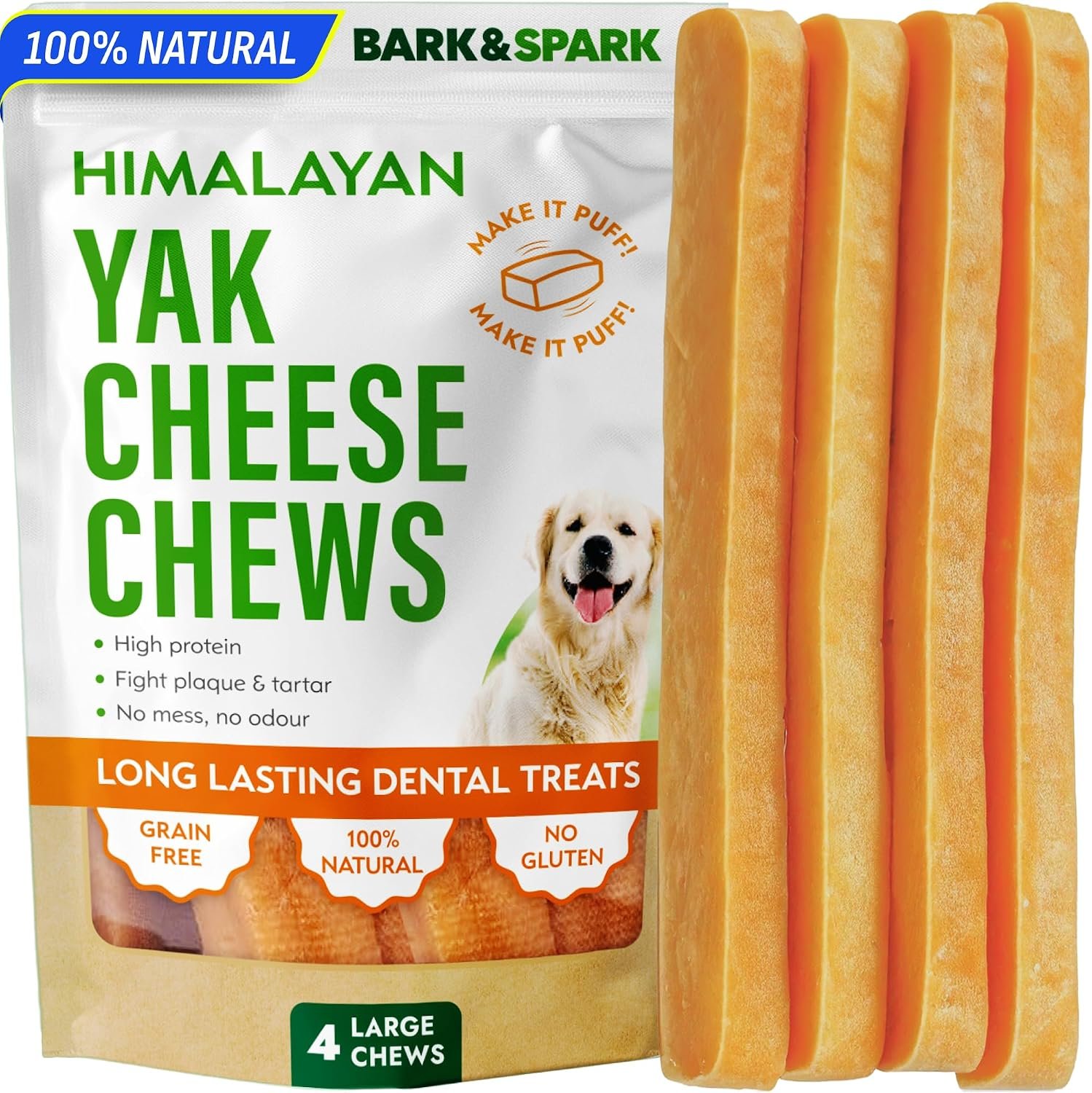 BARK&SPARK Yak Cheese Himalayan Dog Chews for Large & Medium Dogs – 4 Large