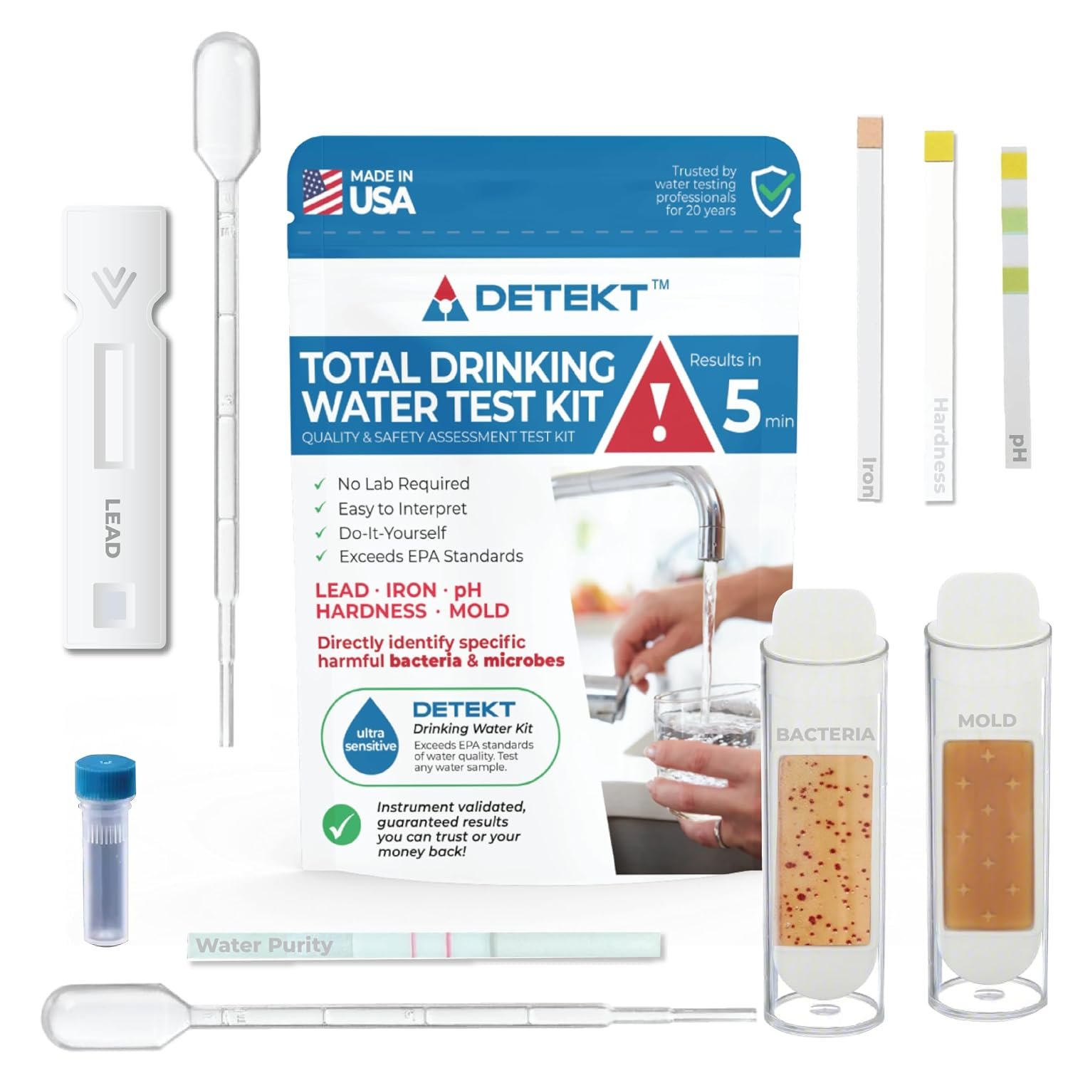 Drinking Water Test Kit, Detekt (USA) DIY for Lead, Bacteria, Mold & pH
