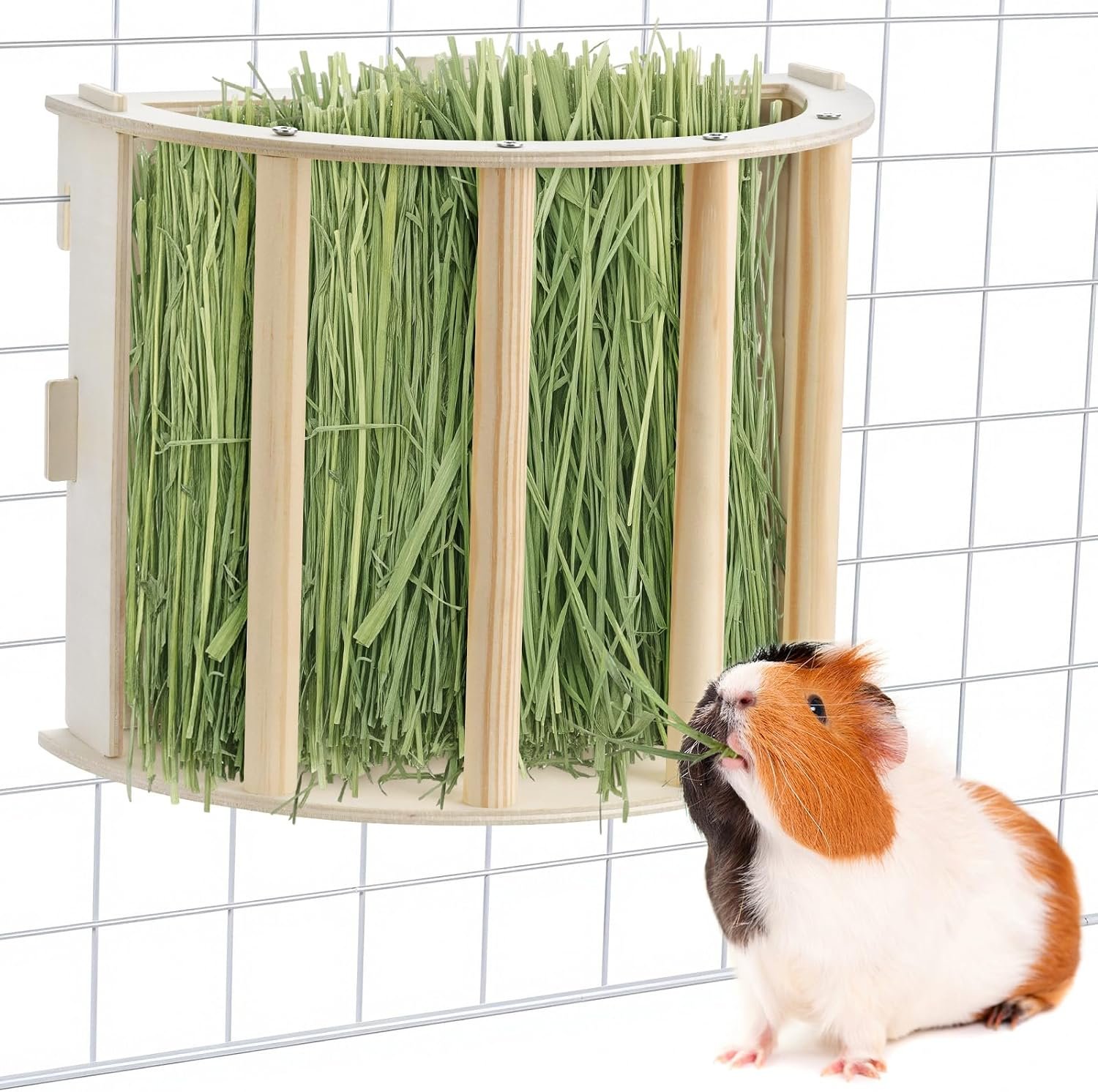 Wooden Hanging Hay Feeder for Guinea Pig & Rabbit – Large Capacity Bunny Hay Holder with Instructions, Teeth-Friendly Hay Rack, Pet Cage Accessories for Chinchilla, Ferret, Hamster