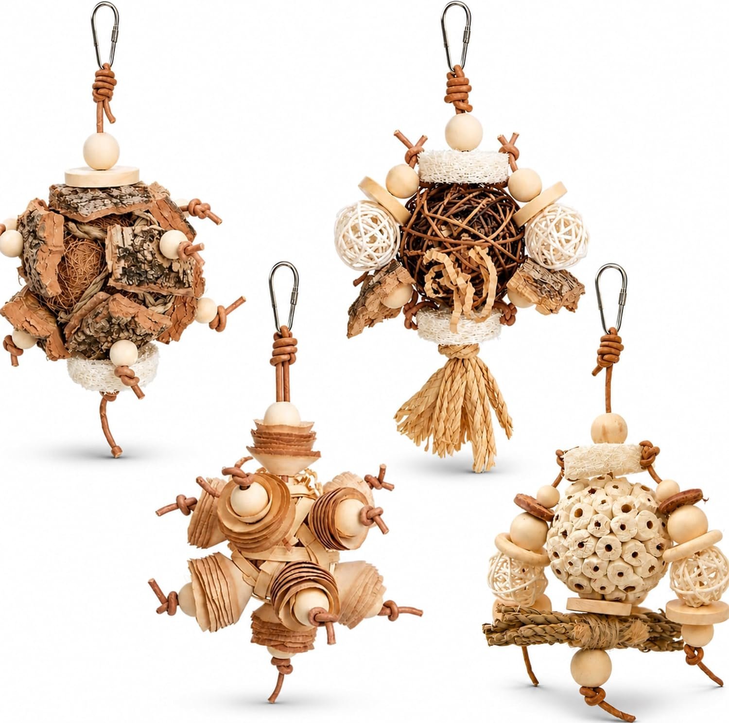 4 Pack Natural Parrot Toys for Conures, Cockatiels & Quakers, Hanging Bird Chew, Shredding and Foraging Toys with Sola, Vine, Cork Bark & Coconut Fiber for Small Medium Birds