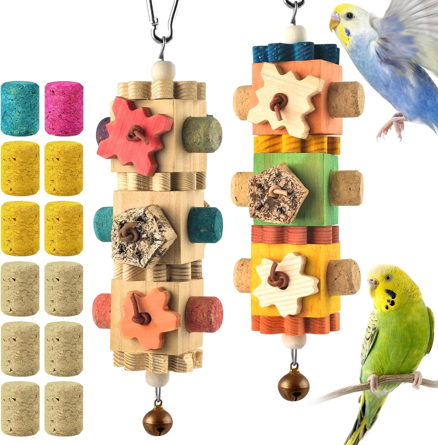 DBNESS 2 PCS Bird Toys, 10in Wooden Parrot Chew Toy with 12 Cork Stoppers Grinding & Boredom Relief Rotating Multicolored Foraging Toy for Parakeet Budgie Lovebird Cockatiel Conures