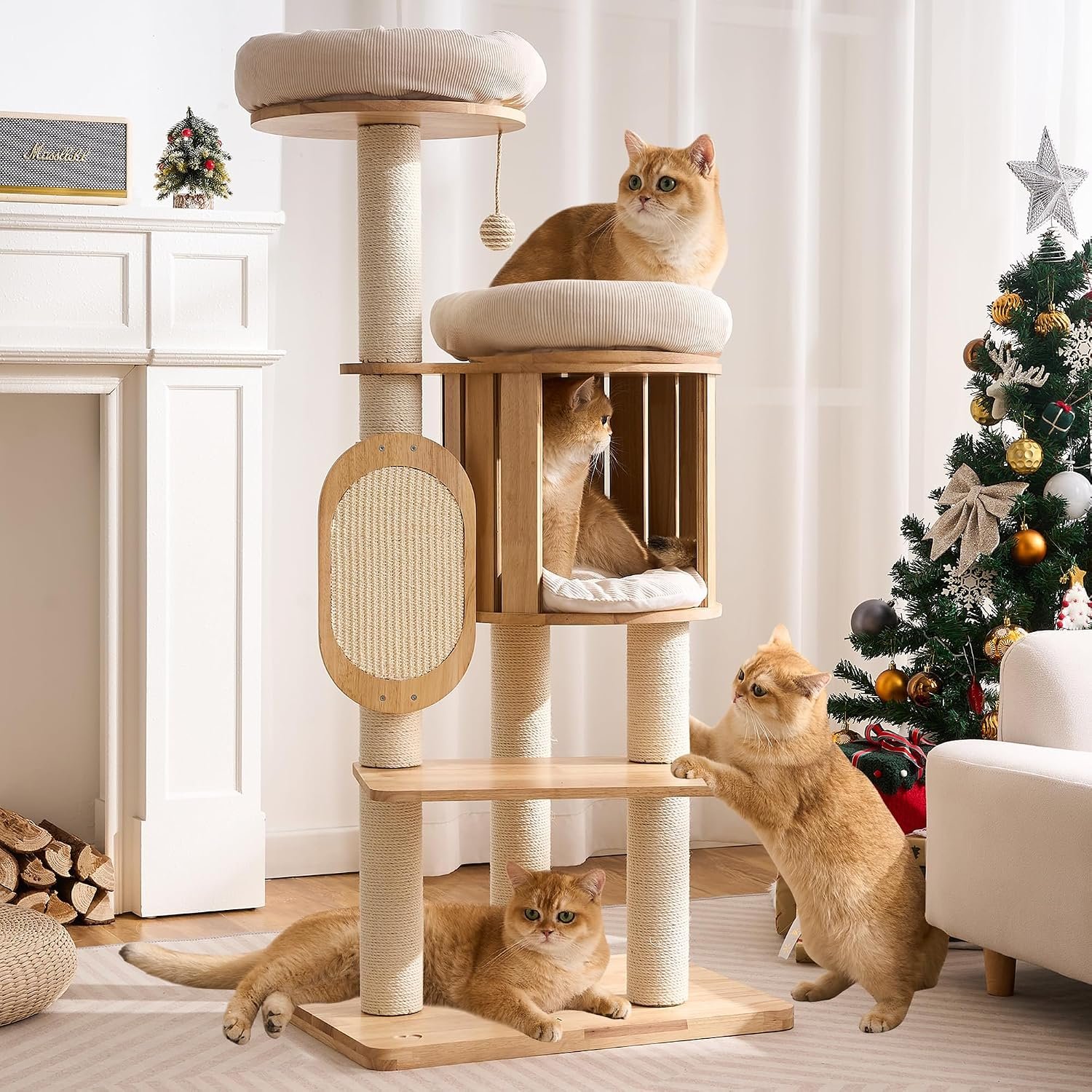 50″ Modern Cat Tree for Indoor Cats Small to Medium, Solid Wood Cat Tower with Sisal Scratching Posts, Cat Scratcher Cardboard, Cozy Cat Beds & Hidden Cat Condo, Multi-Level Cat Furniture